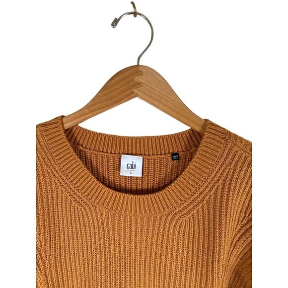 Cabi Womens Size S Gold Shaker Rib Knit Top Cropped Crewneck Step Hemline L/S - Picture 2 of 8